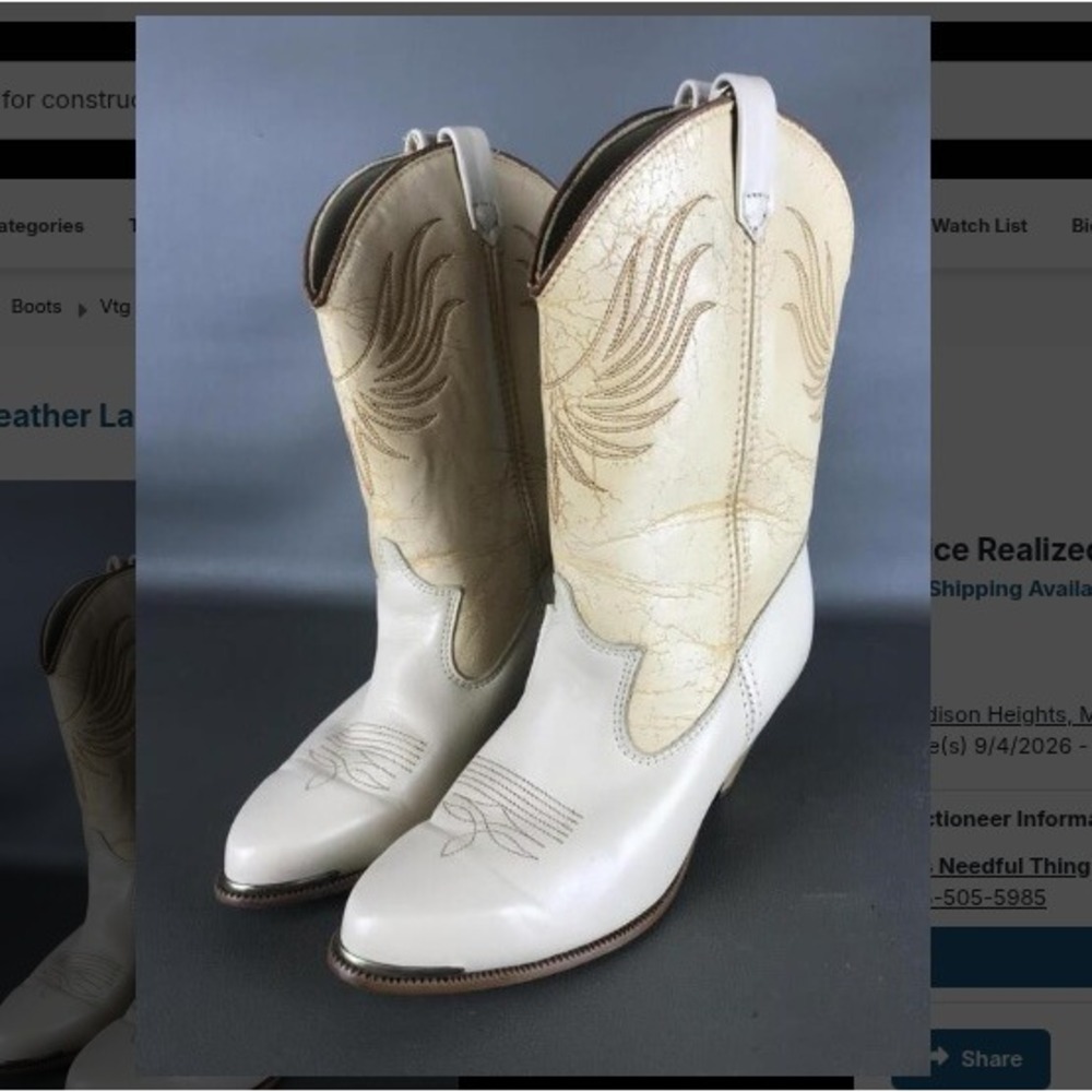 Vtg Dingo Cream Leather Western Cowboy Boot Womens 6.5 Ivory Metal Toe Eagle 80s
